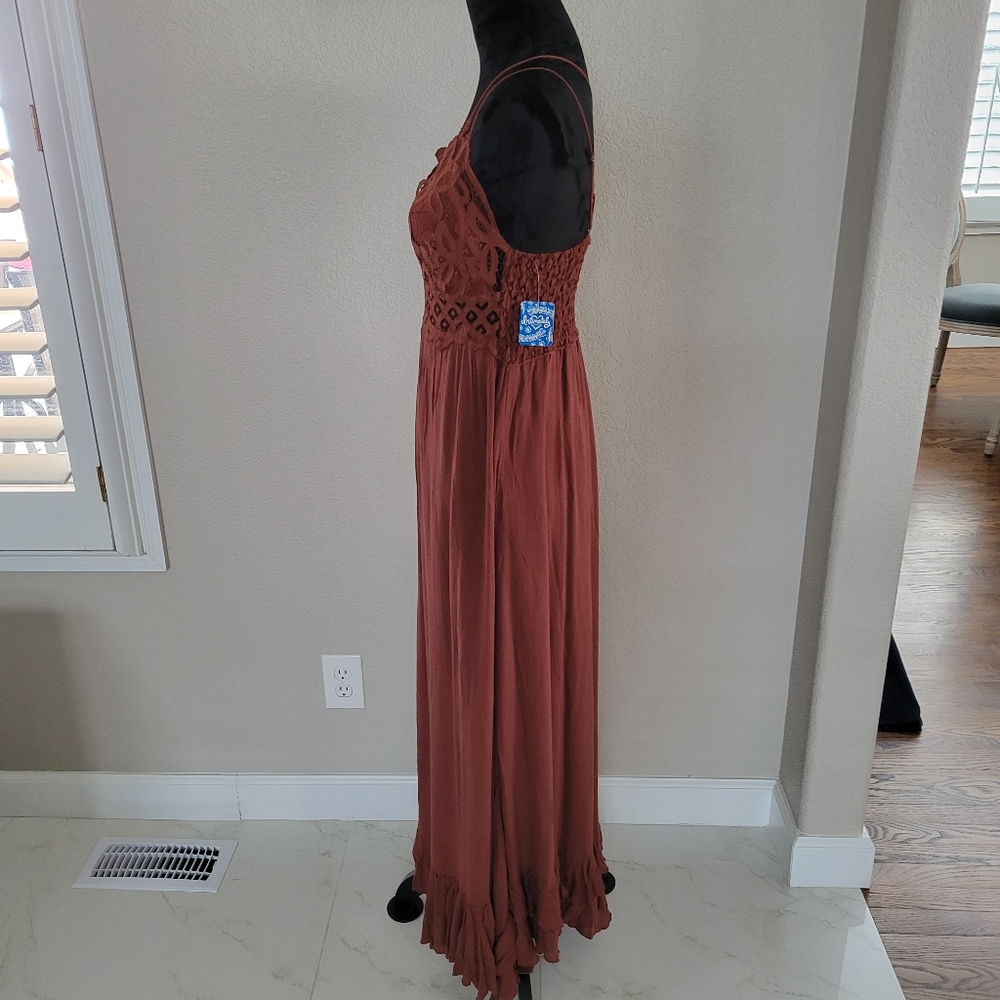 FP Free People One Adella Mocha Brown Maxi Slip Tiered Hem Dress L M - Picture 7 of 12